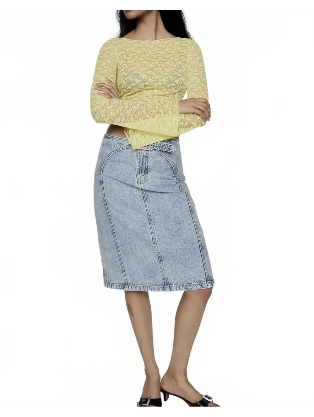 Mango Falda Denim Midi Skirt with Belt Indigo Blue Wash NWT XS